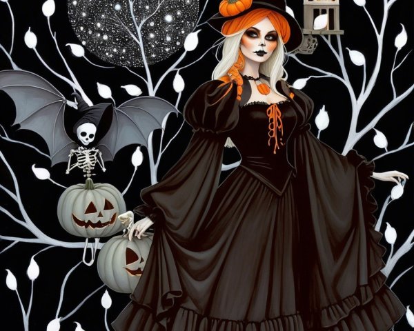 Stylish Witch with Pumpkin Hat in Halloween Scene