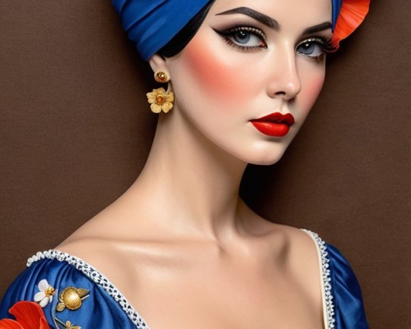 Portrait of a Woman in Blue Headscarf with Floral Details
