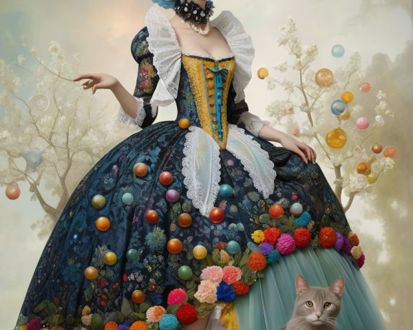 Regal Figure in Floral Gown Surrounded by Cats
