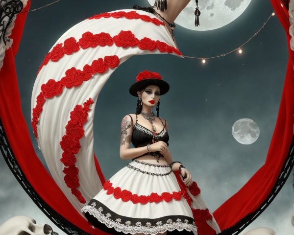 Surreal Female Figure in Moonlit Elegance and Macabre