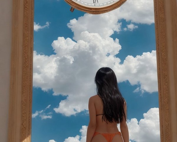 Surreal Beach Scene with Clock and Blue Sky