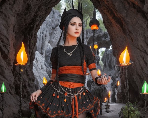 Mysterious Figure in Dim Cave with Glowing Lanterns