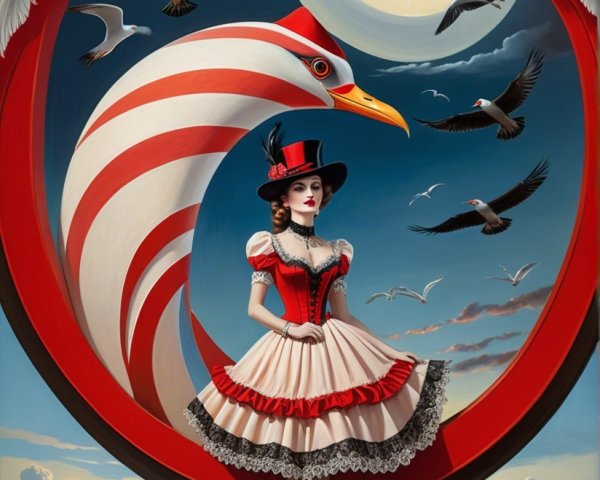 Surreal Scene with Central Figure in Red and White Gown