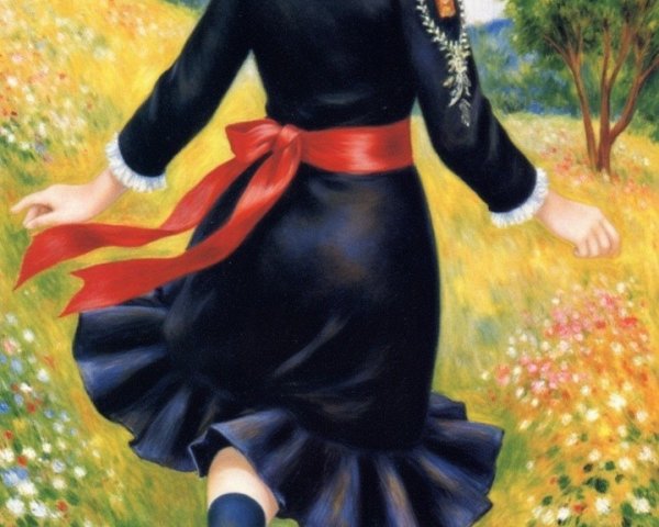 Young Woman in Black Dress Skipping in Colorful Meadow