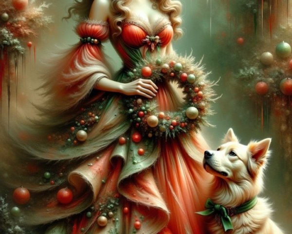 Woman in festive dress with wreath and decorated hat