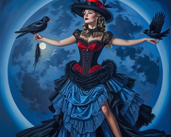 Elegant Woman in Red and Blue Gown with Ravens
