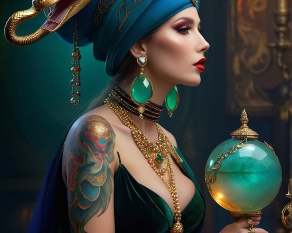 Elegant woman in rich fabrics and ornate jewelry