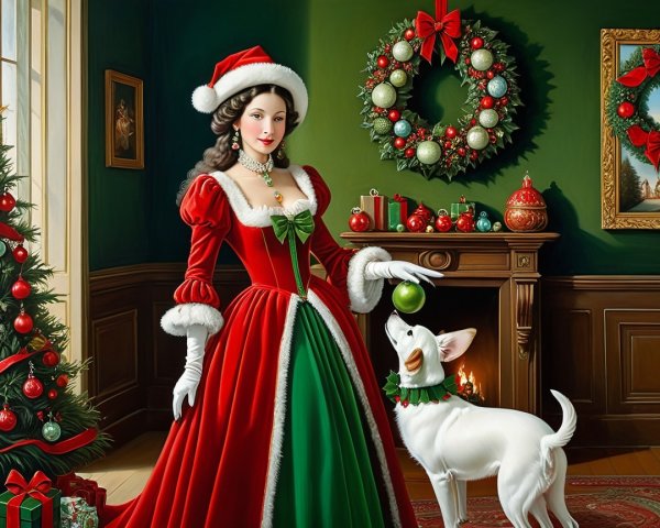 Festive Holiday Scene with Woman, Dog, and Christmas Tree