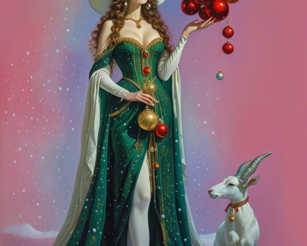 Regal figure in green gown with festive ornaments