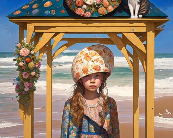 Young girl under floral gazebo at vibrant beach scene