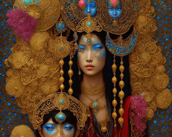 Adorned Figures in Gold Jewelry and Blue Face Paint