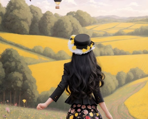 Girl in black jacket and floral skirt in serene landscape
