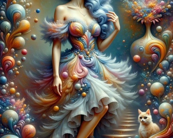 Whimsical Dreamscape with Graceful Woman and Cats