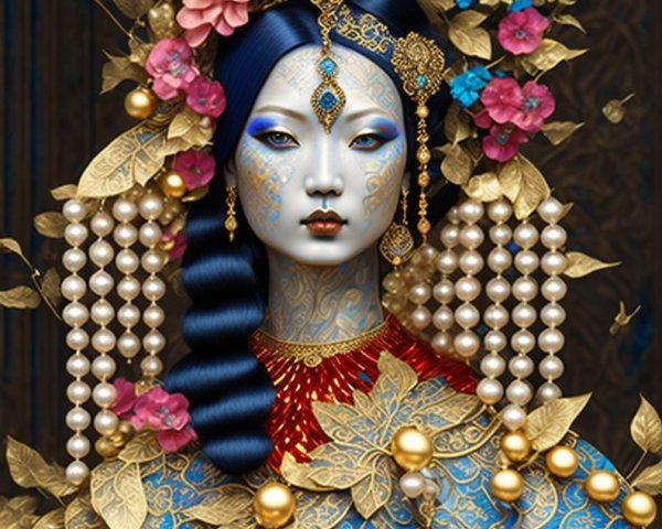 Portrait of a female figure in ornate attire and headdress
