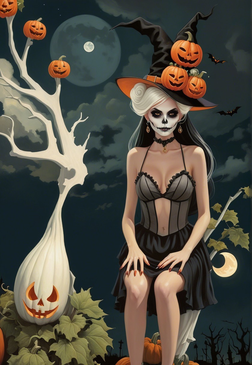 Stylized Witch with Skeleton Face and Halloween Decor