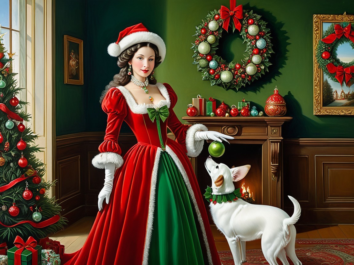 Festive Holiday Scene with Woman, Dog, and Christmas Tree