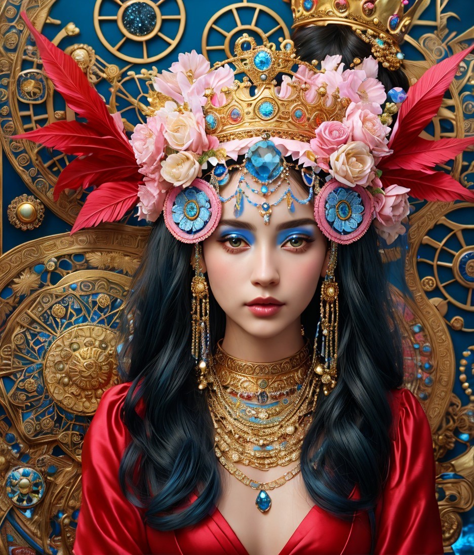 Portrait of a Young Woman in Crown and Regal Attire