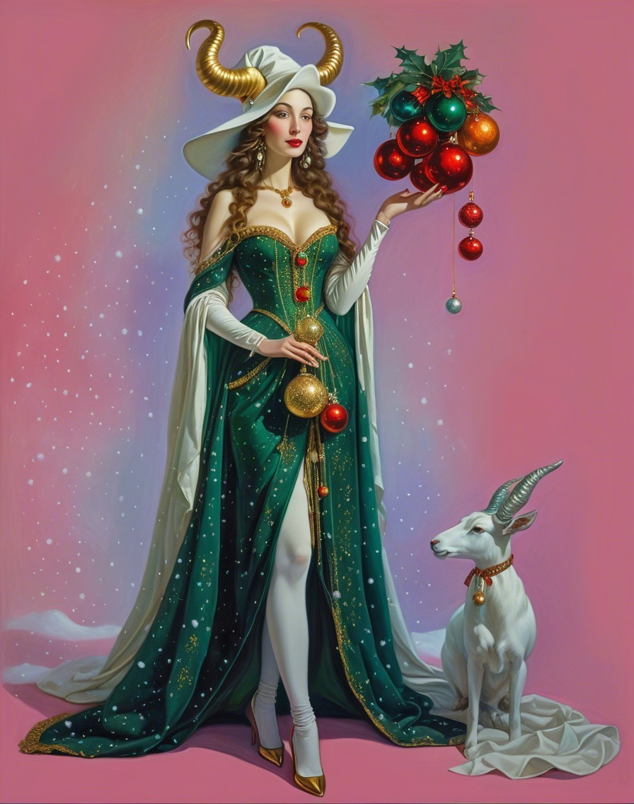 Regal figure in green gown with festive ornaments