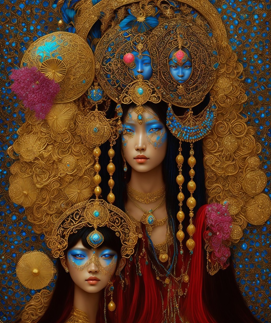 Adorned Figures in Gold Jewelry and Blue Face Paint