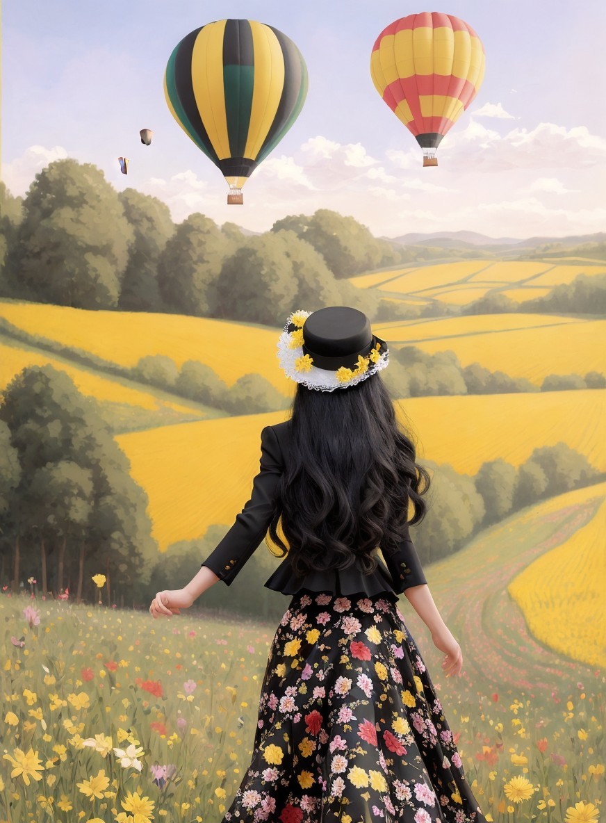Girl in black jacket and floral skirt in serene landscape
