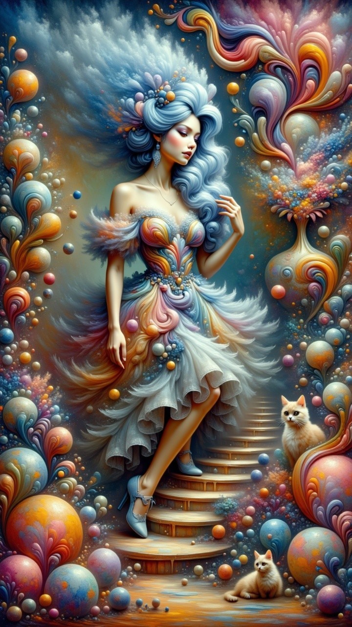 Whimsical Dreamscape with Graceful Woman and Cats