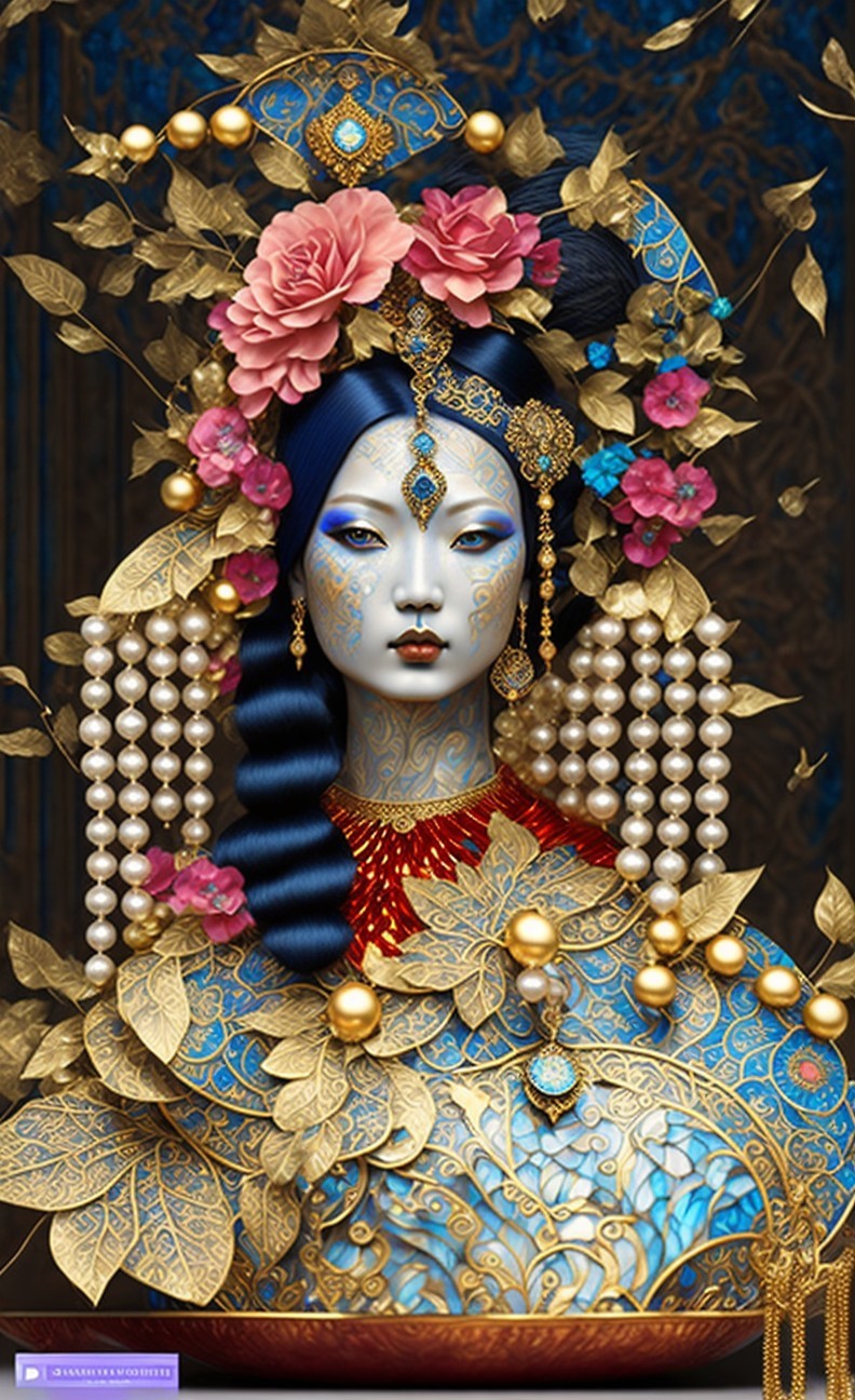 Portrait of a female figure in ornate attire and headdress