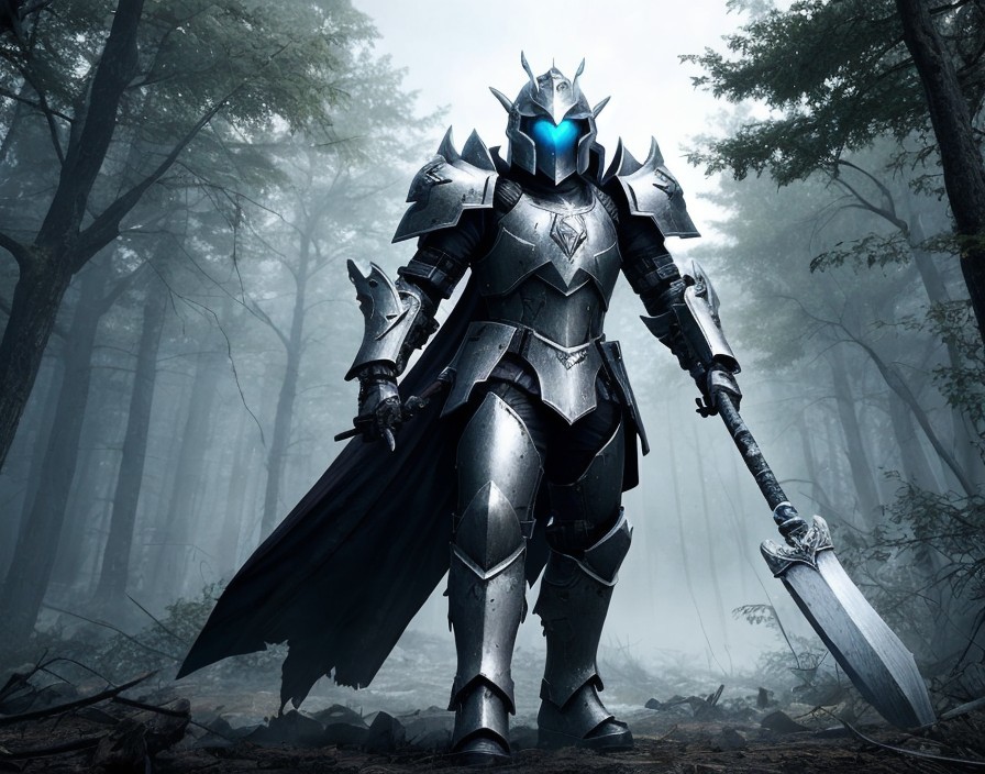 Knight in ornate armor with sword in foggy forest