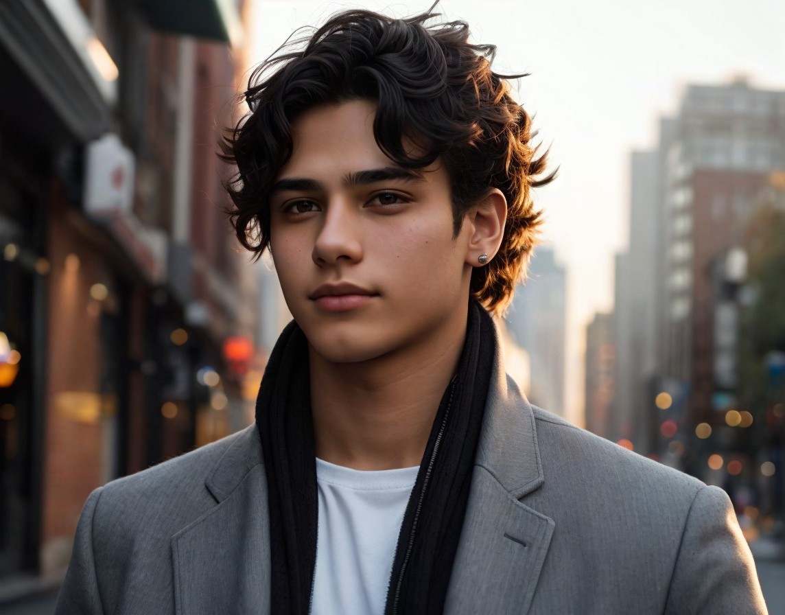 Young man with wavy hair in coat and scarf on city street at dusk