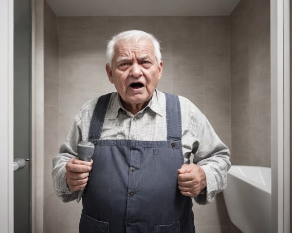 Elderly man with shaver in bathroom shows surprise