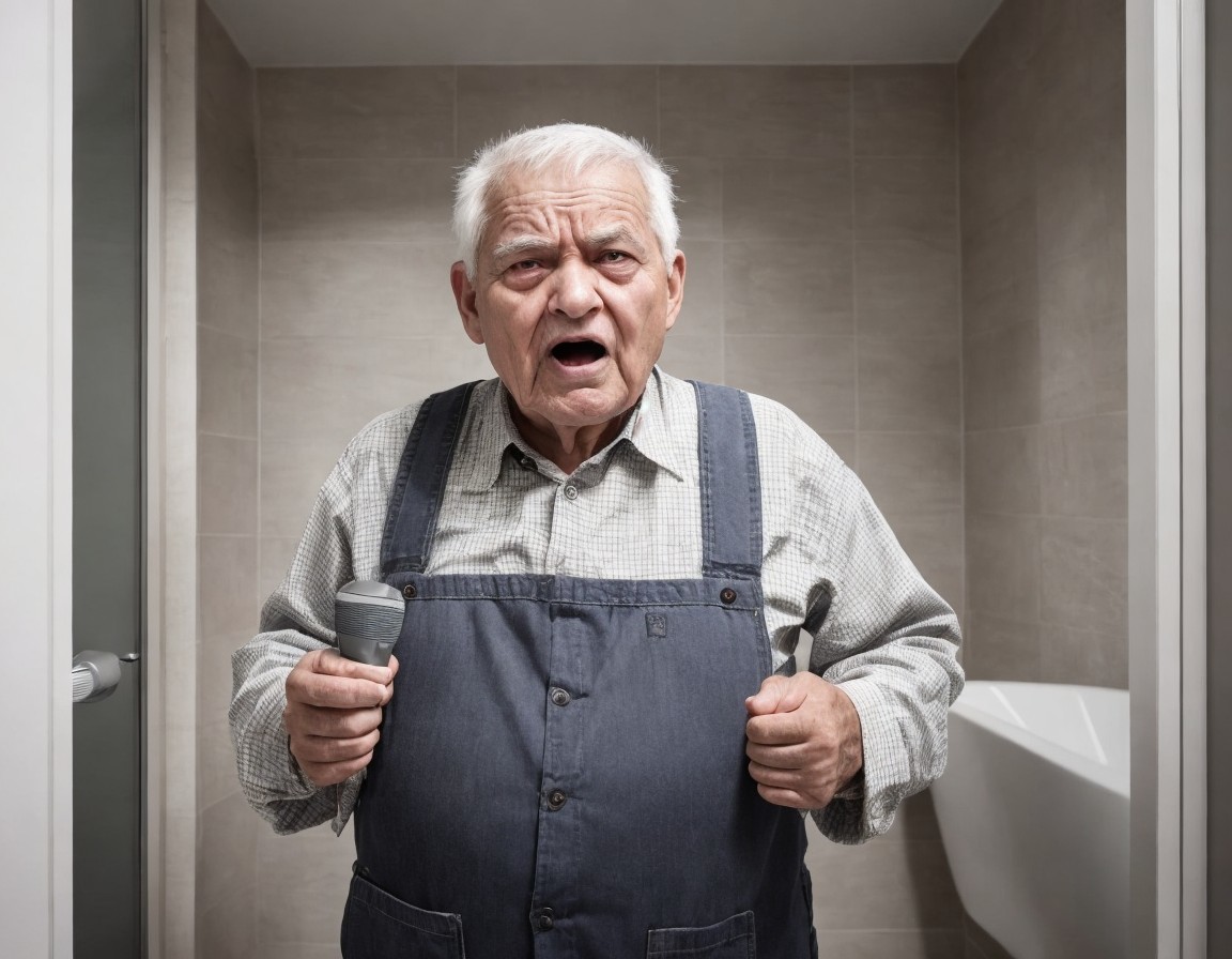 Elderly man with shaver in bathroom shows surprise