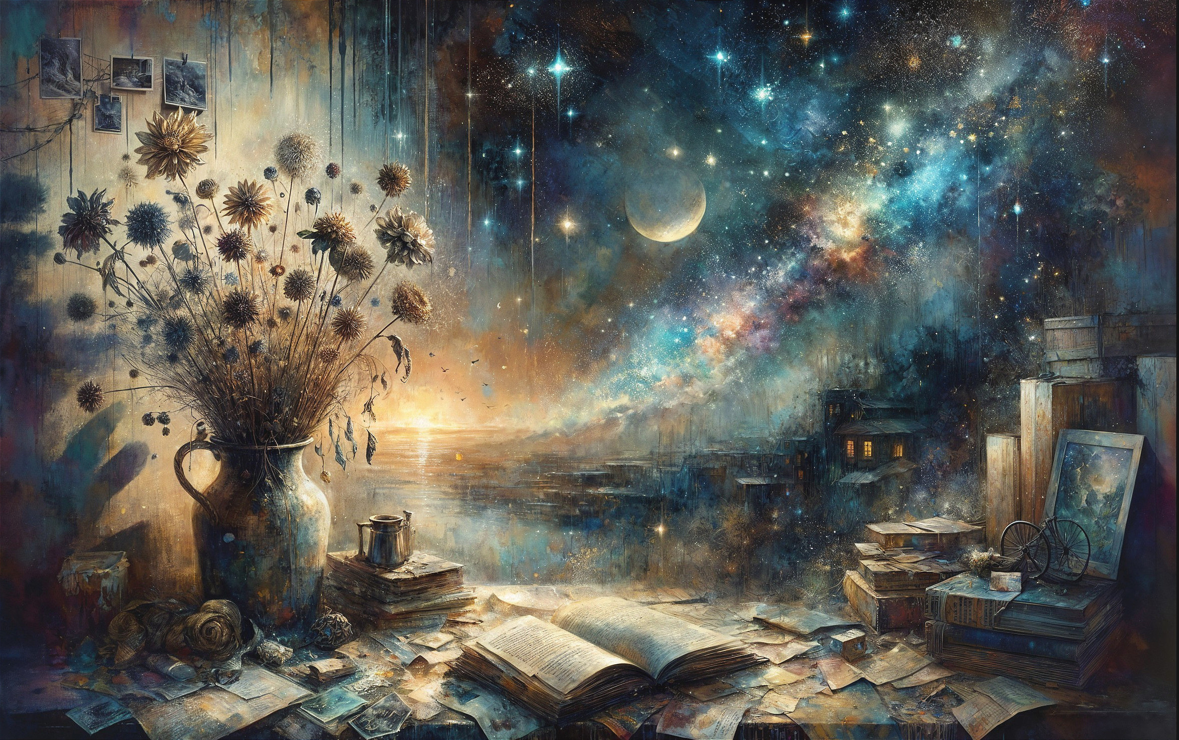 Whimsical Study with Cosmic Sky and Ethereal Light