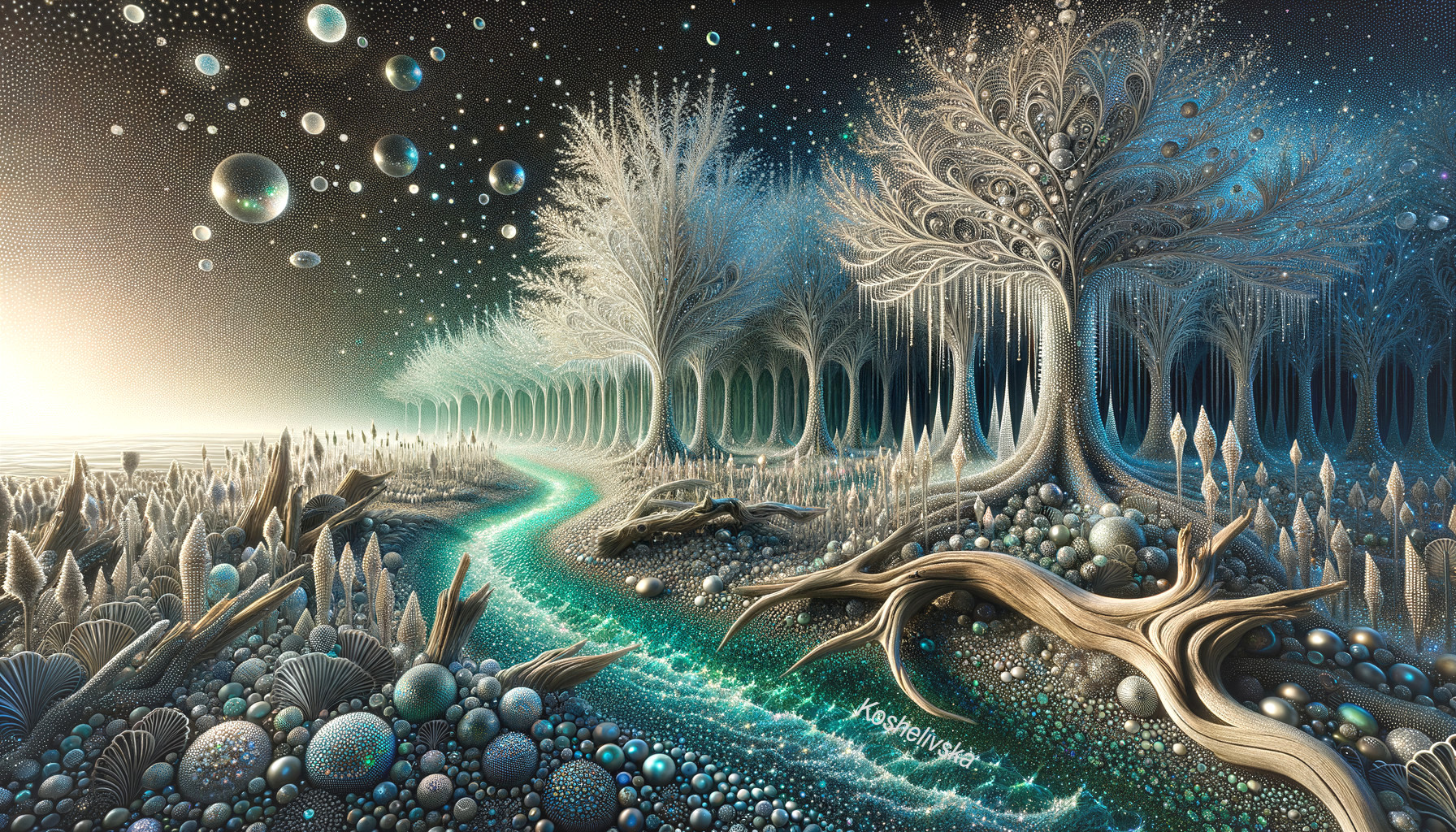 Surreal Landscape with Turquoise River and Frosty Trees