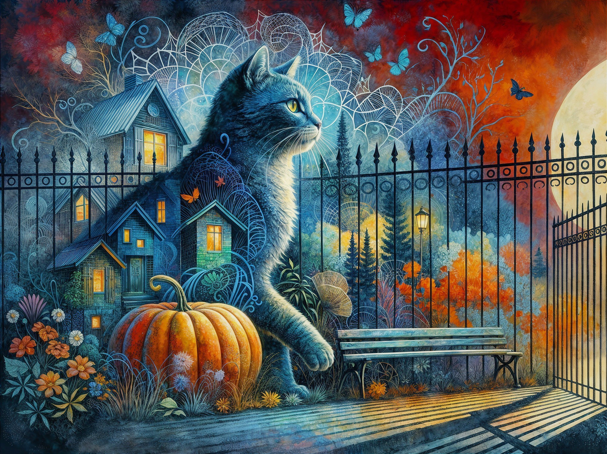 Majestic Cat and Pumpkin in Colorful Autumn Scene