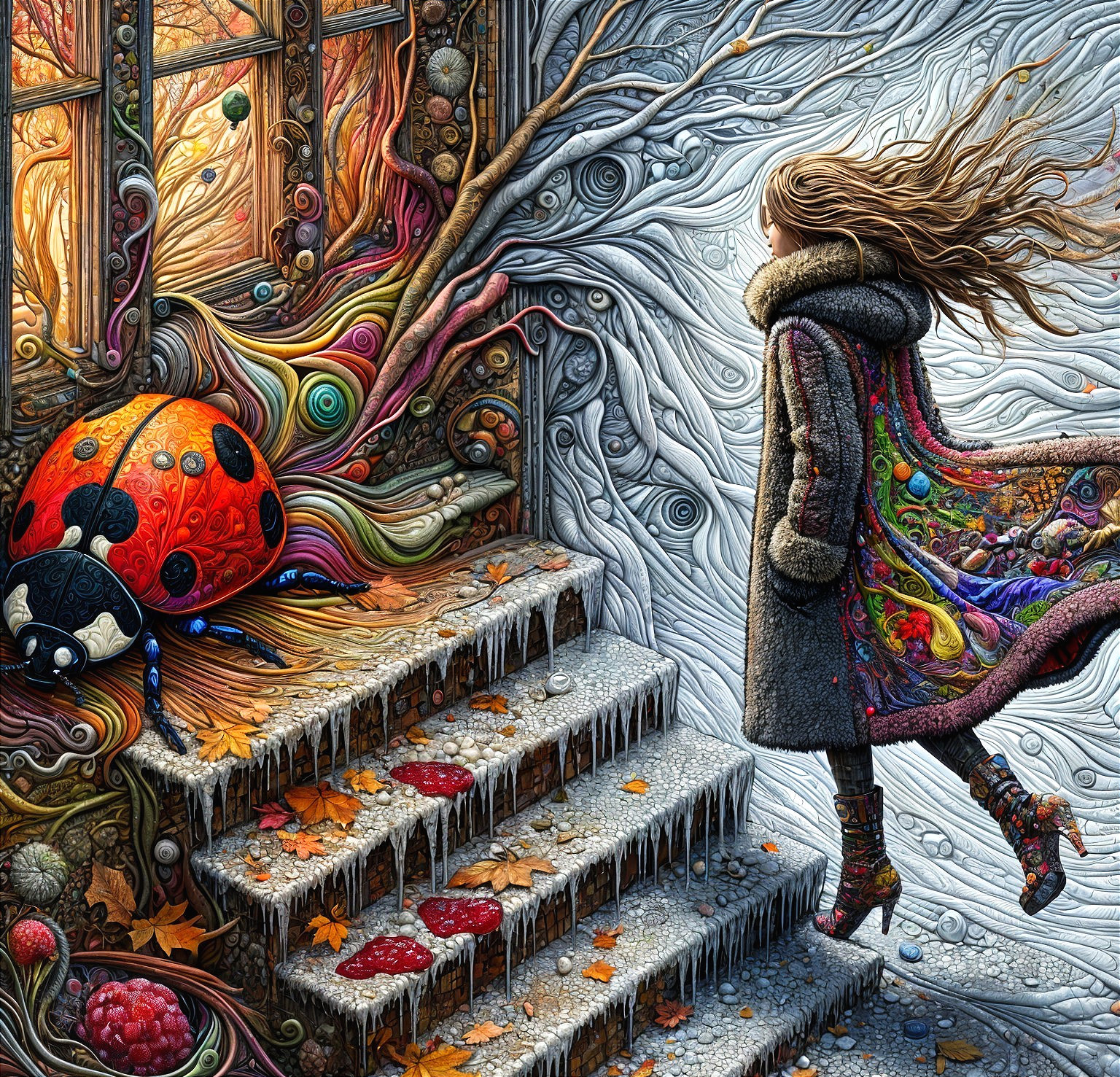 Whimsical Scene of Girl at Frosty Steps and Doorway