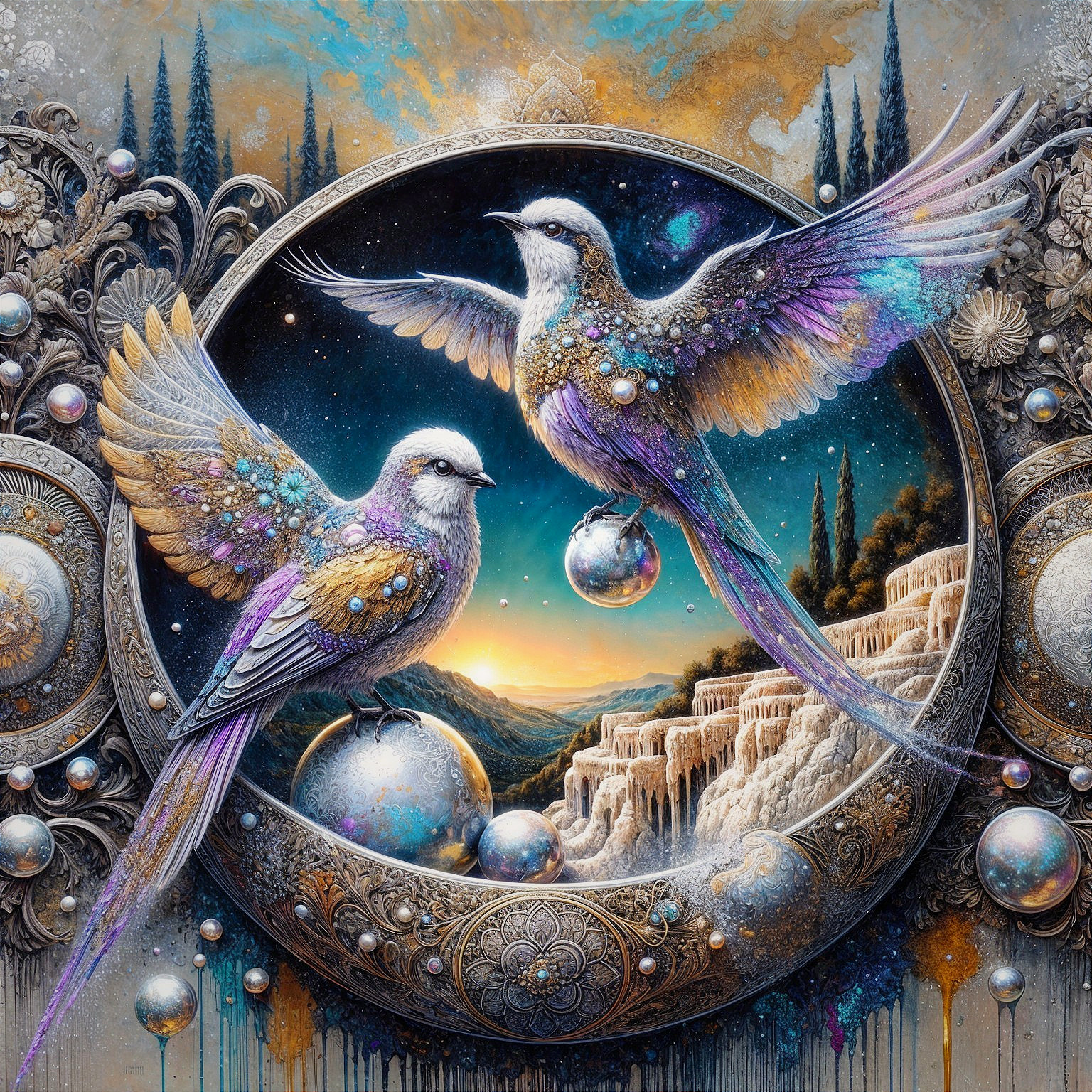 Ethereal Birds in Ornate Frame with Vibrant Landscape