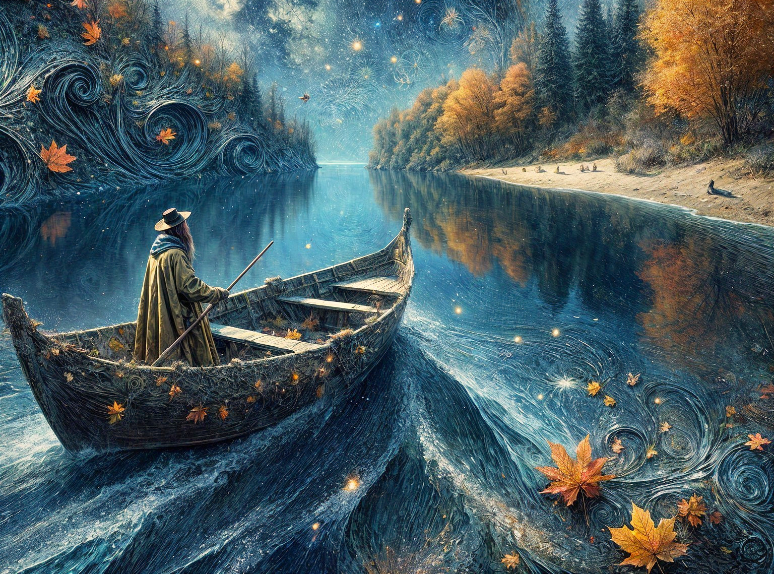 Autumn River Scene with Stars and Reflection