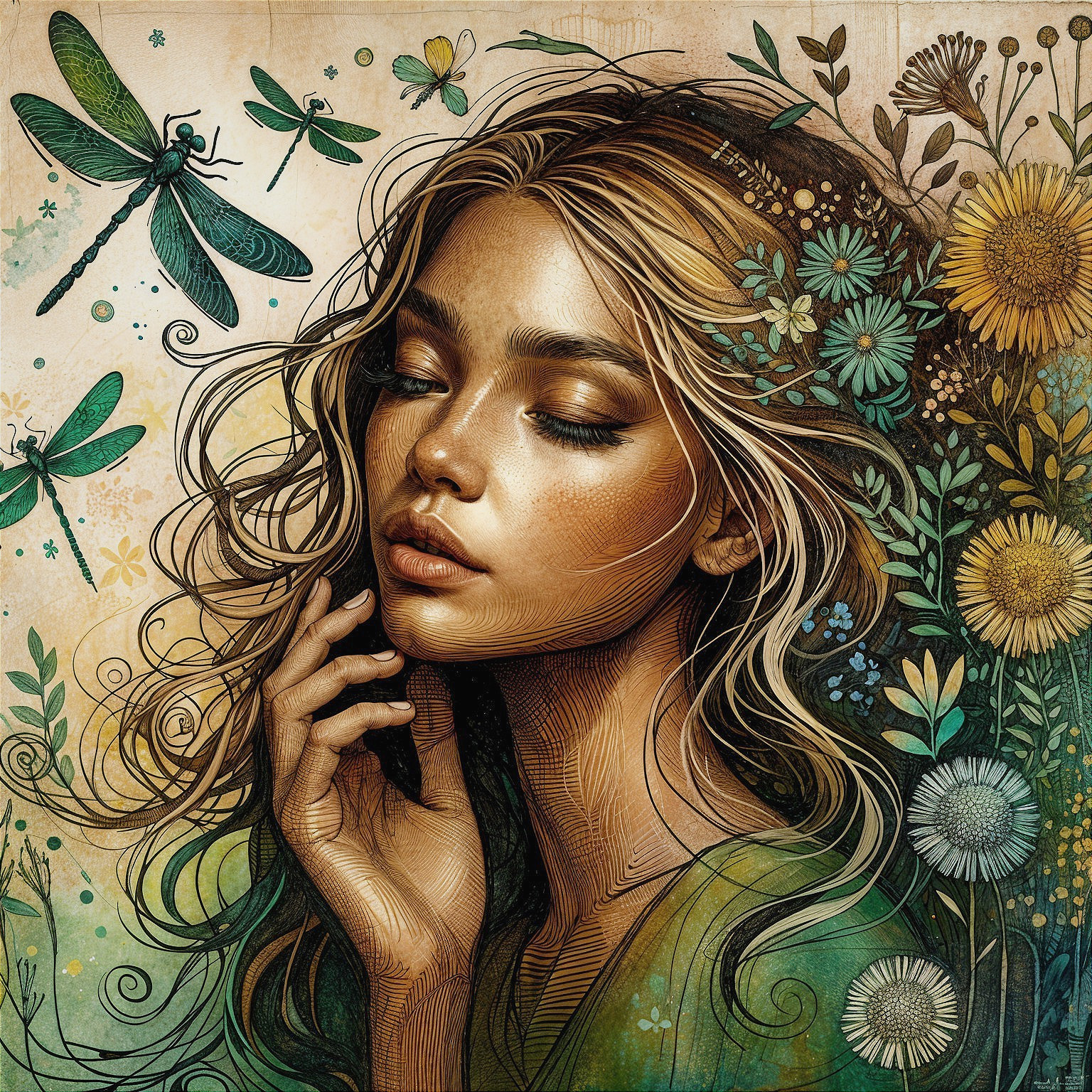 Illustrated Portrait of Woman with Nature Elements