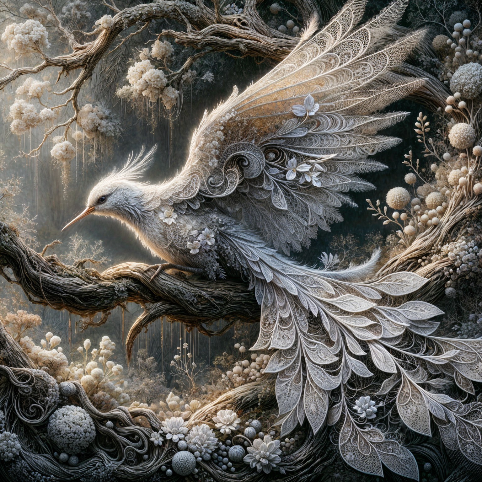 Majestic Bird on Twisted Branch in Mystical Setting