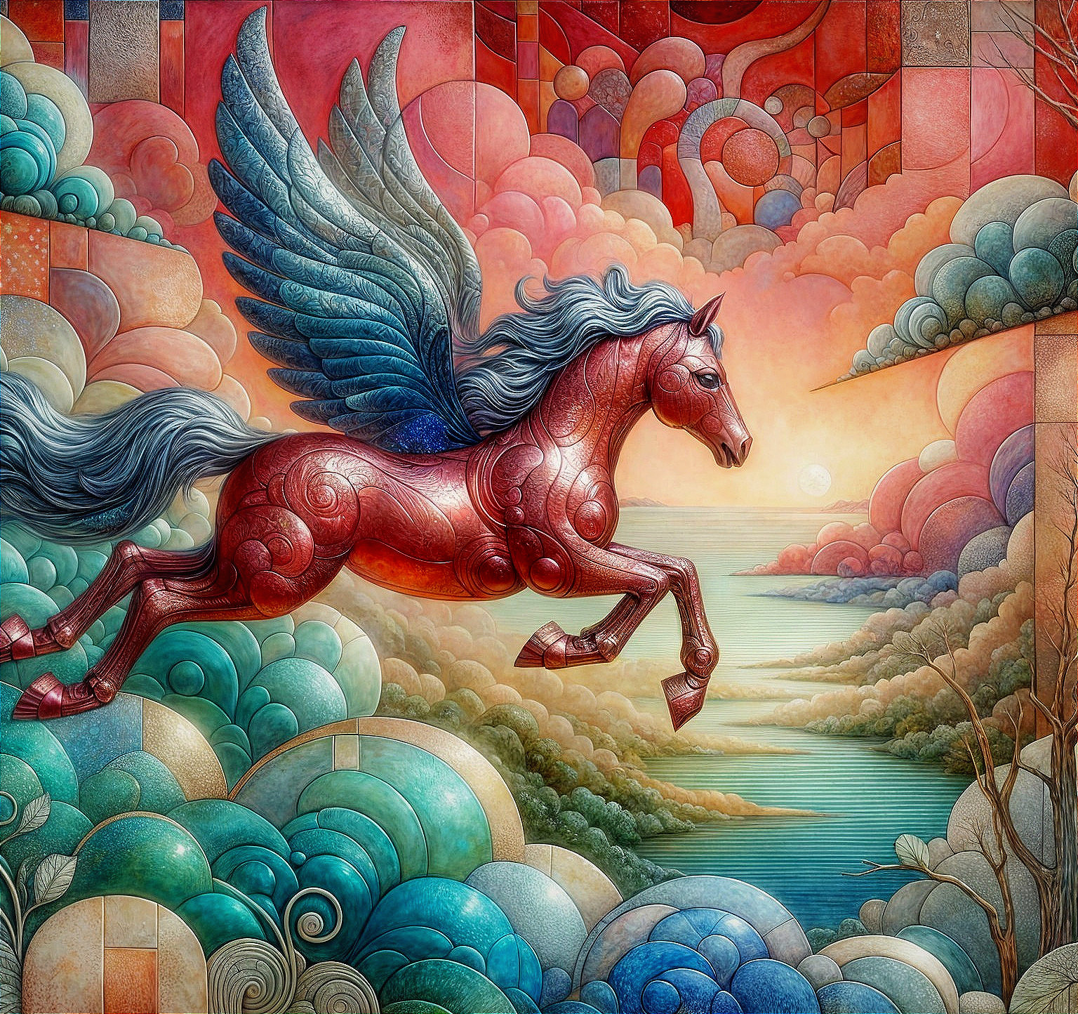 Surreal Landscape with Red Winged Horse and Clouds