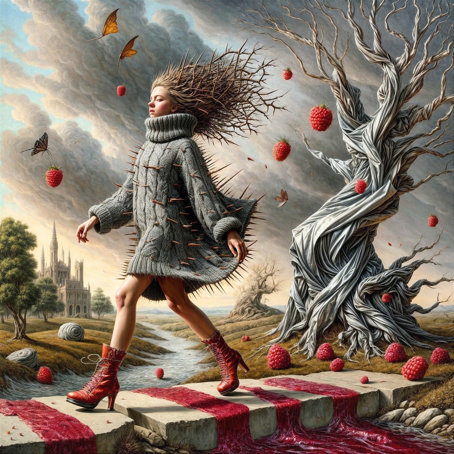 Surreal Landscape with Woman in Oversized Sweater