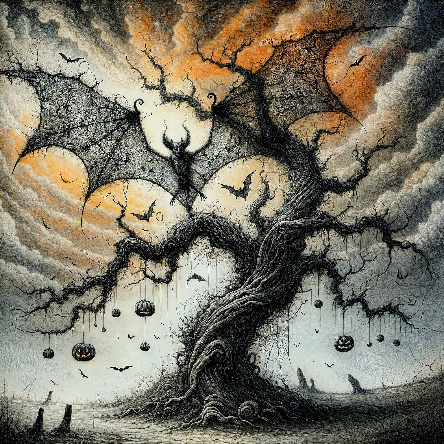 Haunting Halloween Scene with Gnarled Tree and Bats
