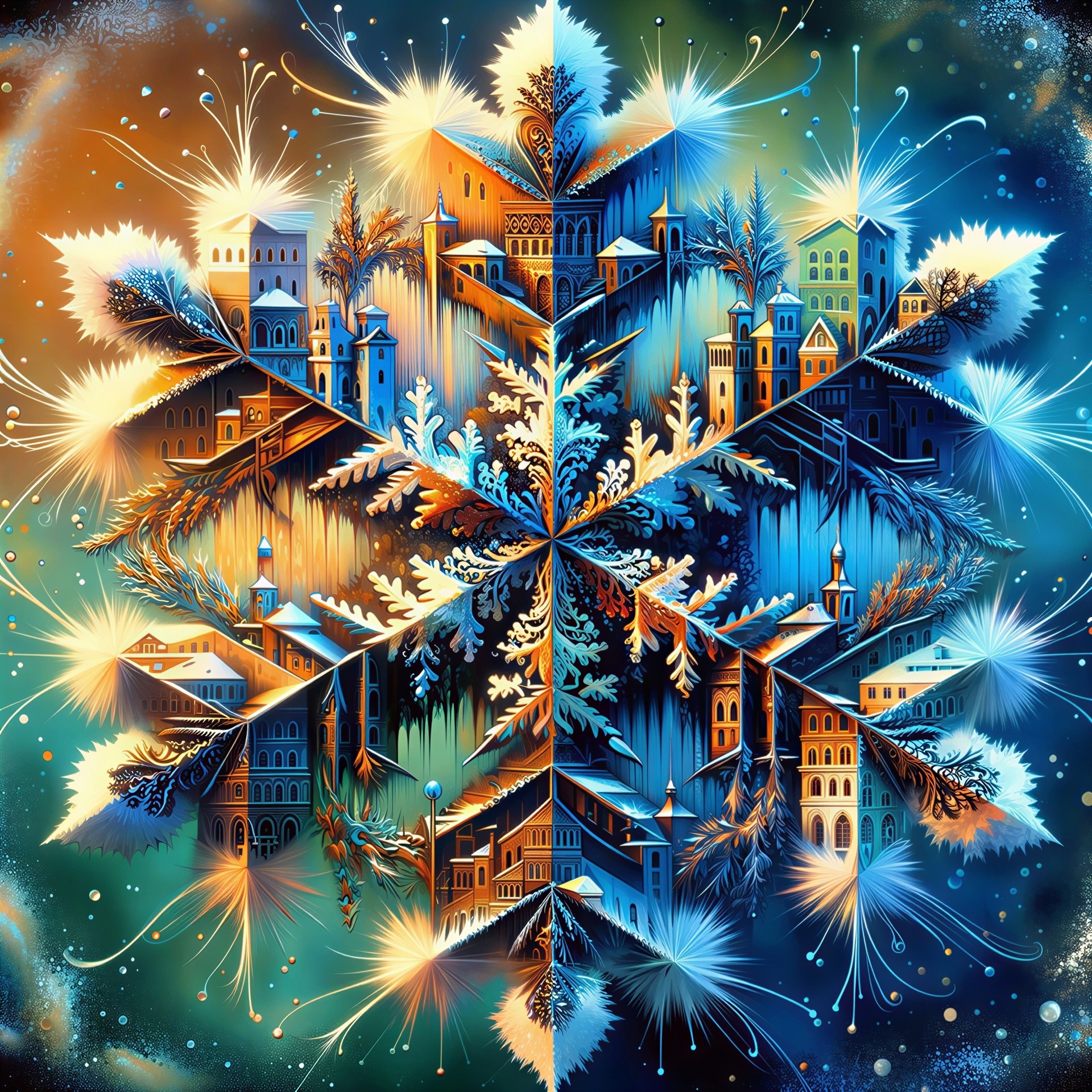 Colorful Building Snowflake with Golden Light Effects