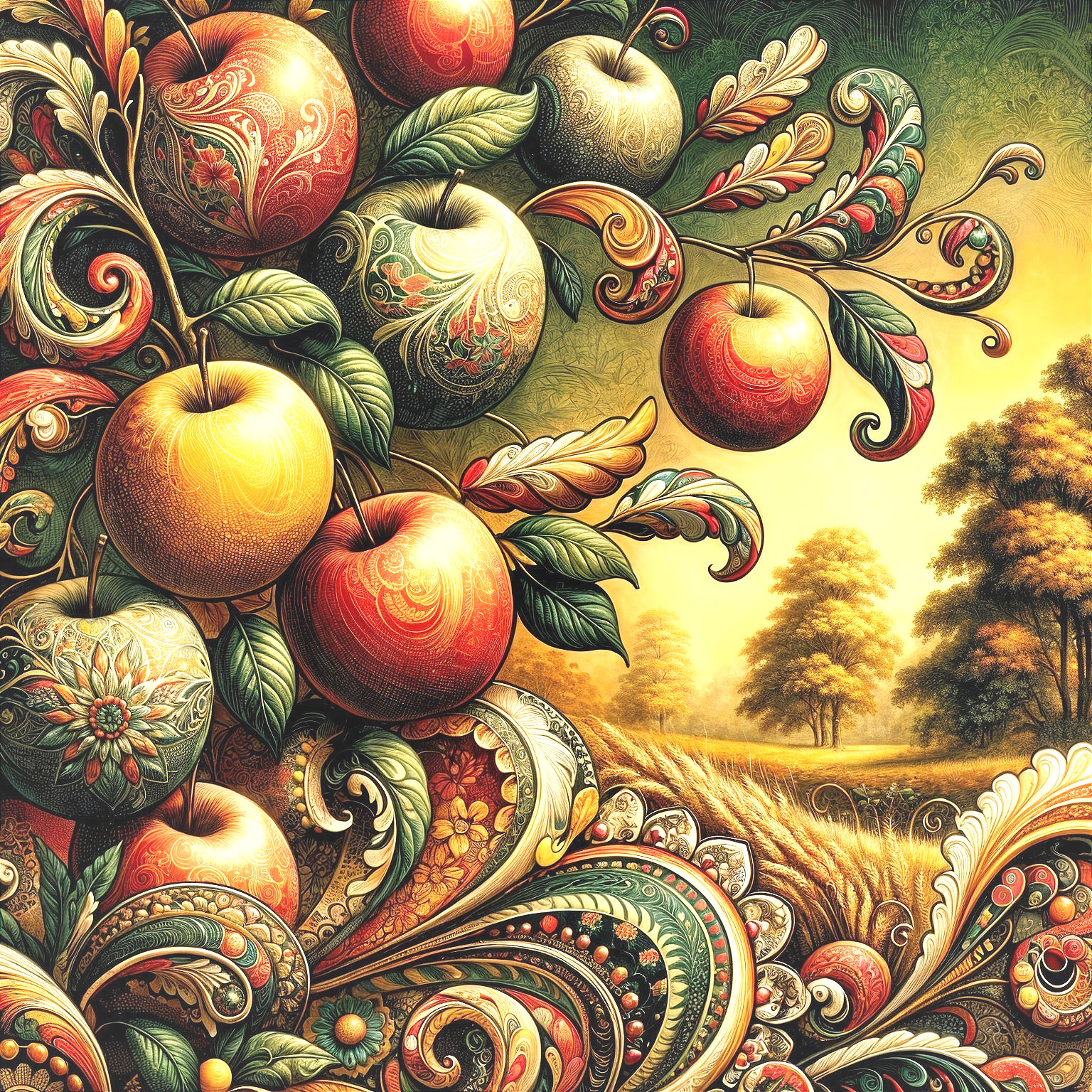 Vibrant Design of Apples with Ornate Leaves and Landscape
