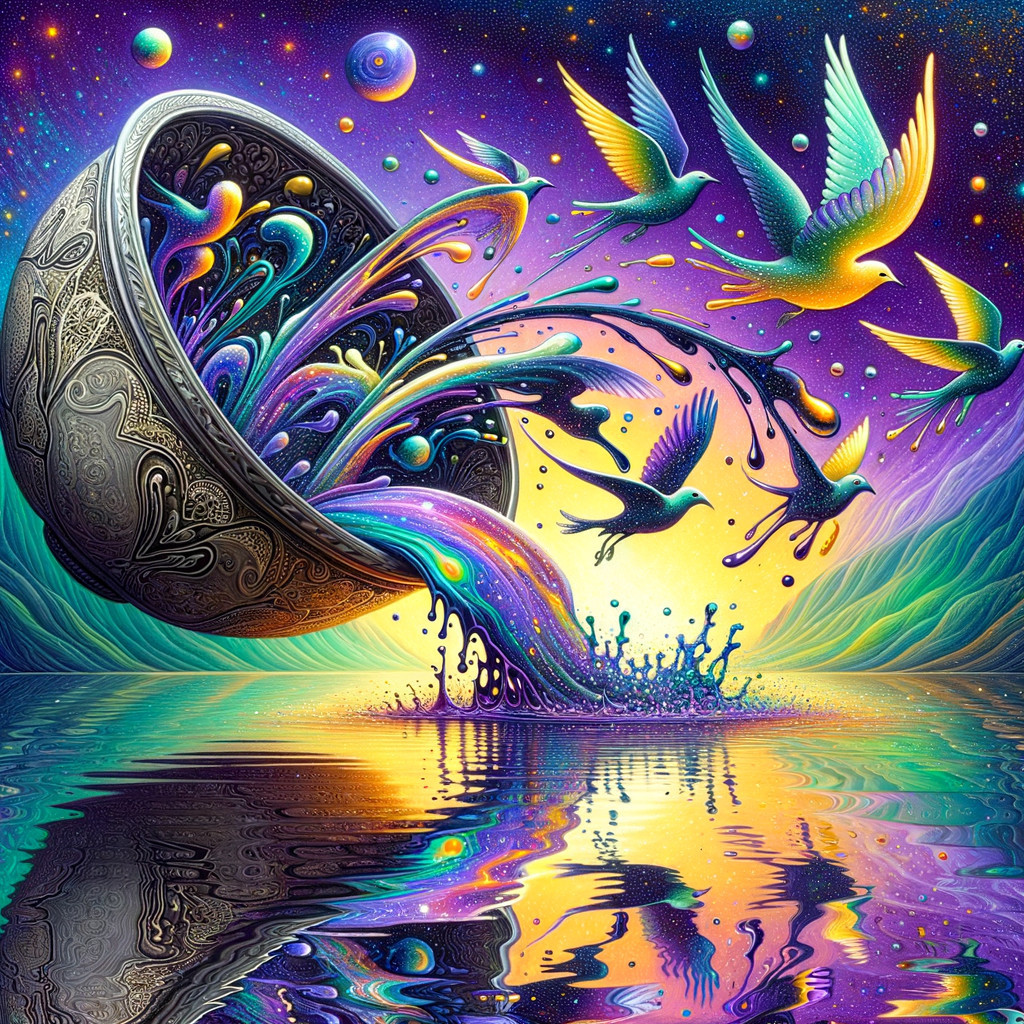 Cosmic Scene with Colorful Bowl and Ethereal Birds