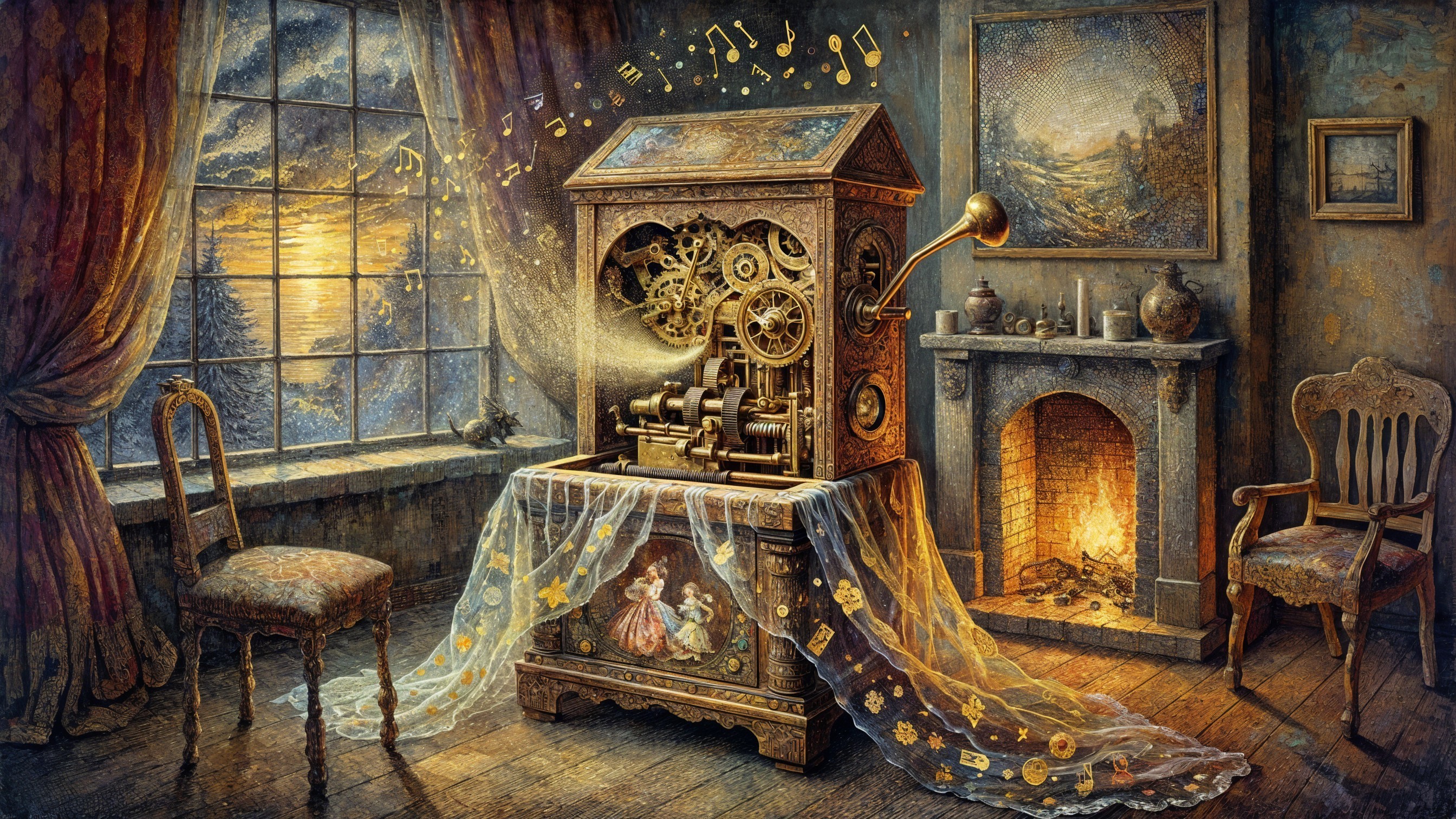 Vintage Music Box in Cozy Room with Sunset View