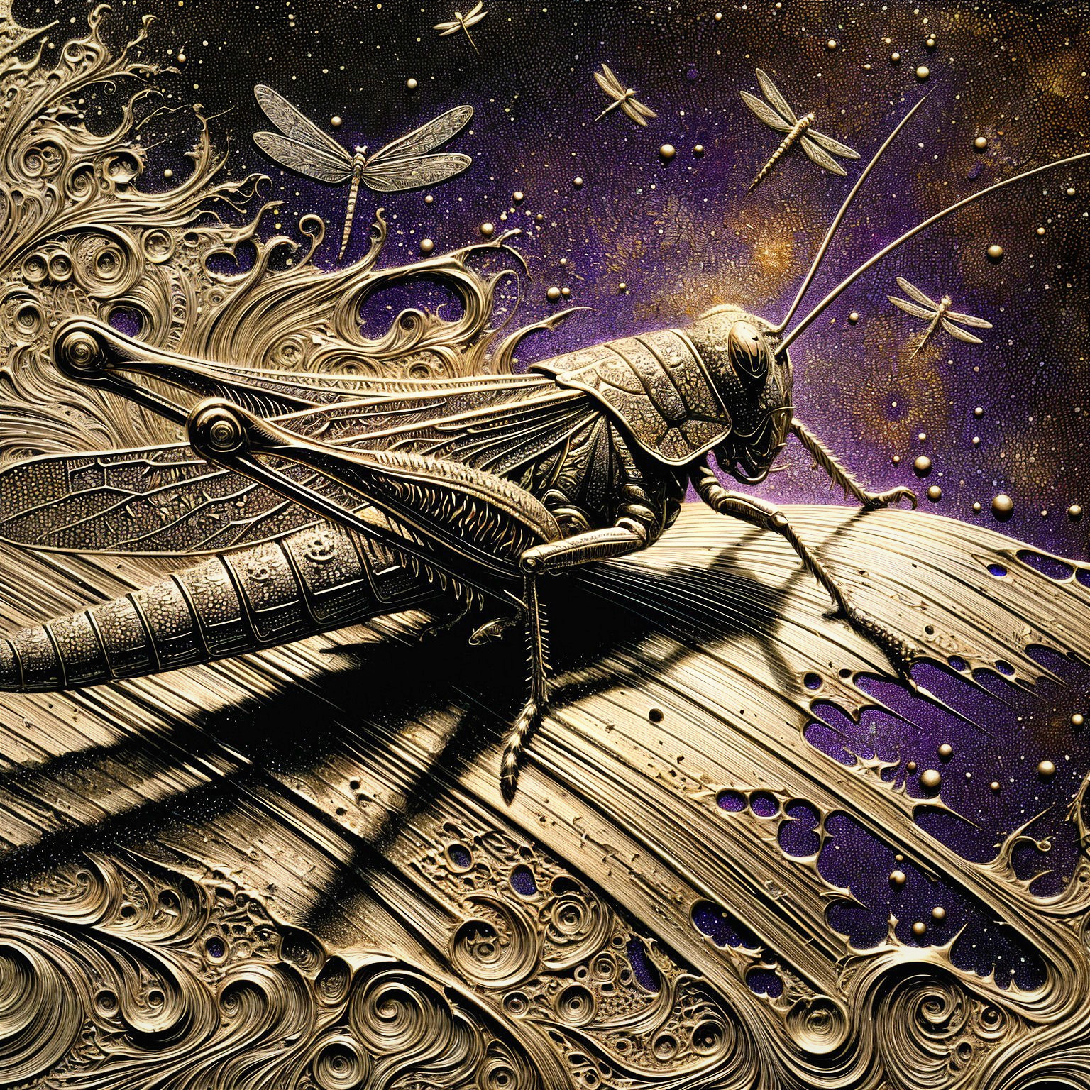 Surreal Metallic Grasshopper on Cosmic Wave Scene