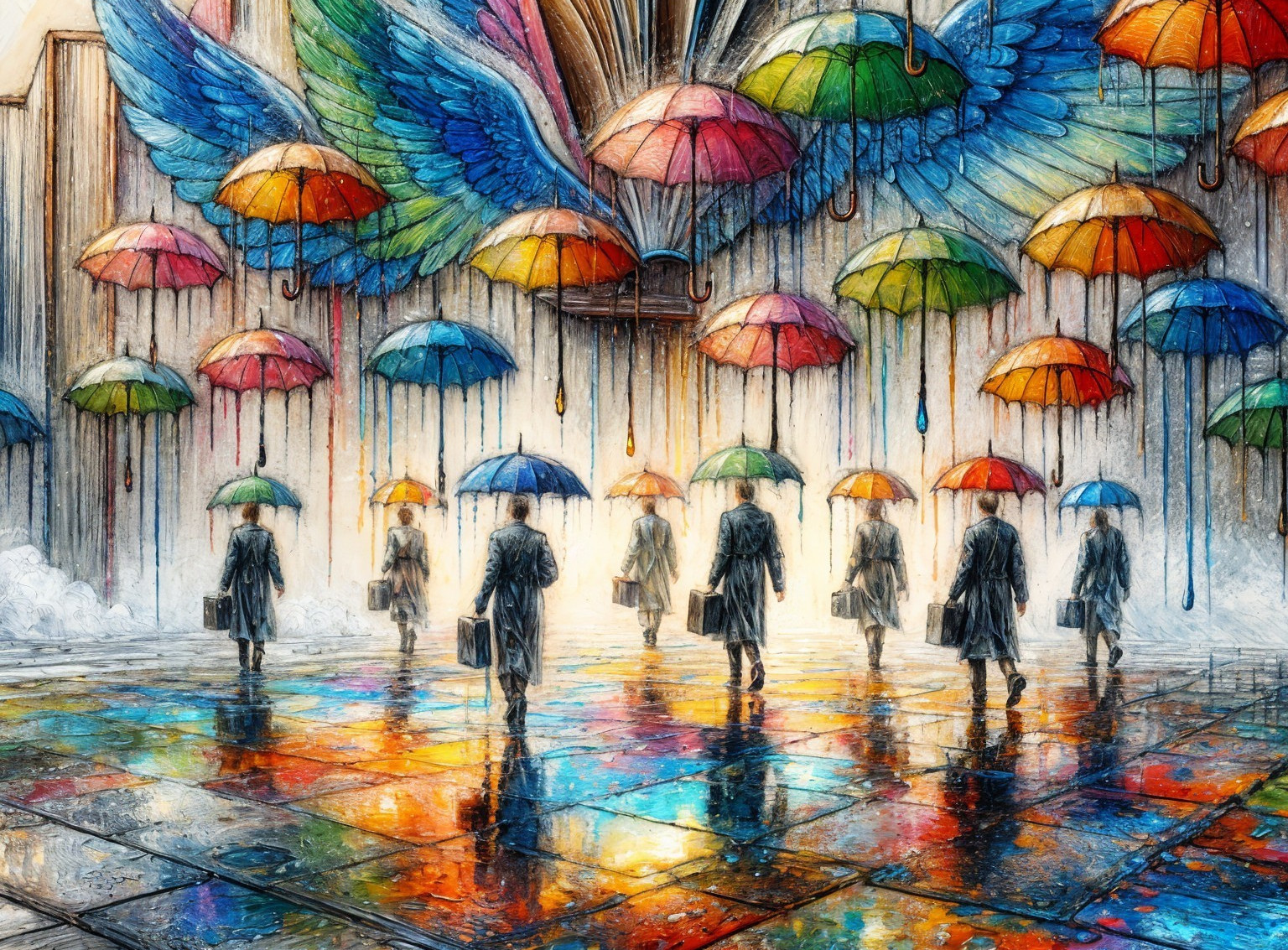 Figures in Dark Coats with Colorful Umbrellas