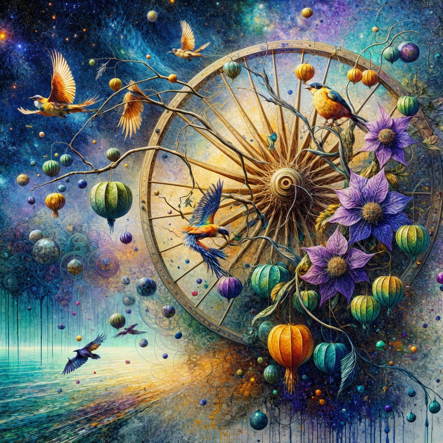 Surreal Scene of a Flower-Adorned Cosmic Wheel
