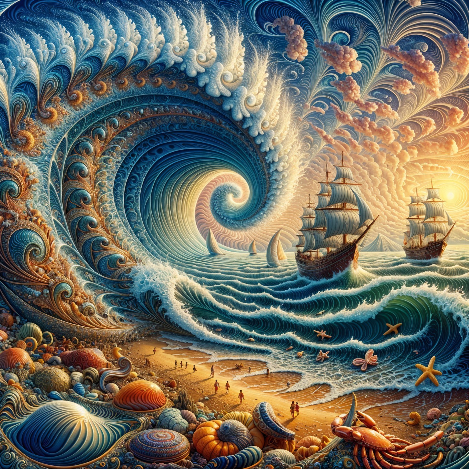 Vibrant Ocean Scene with Ships and Serene Beach