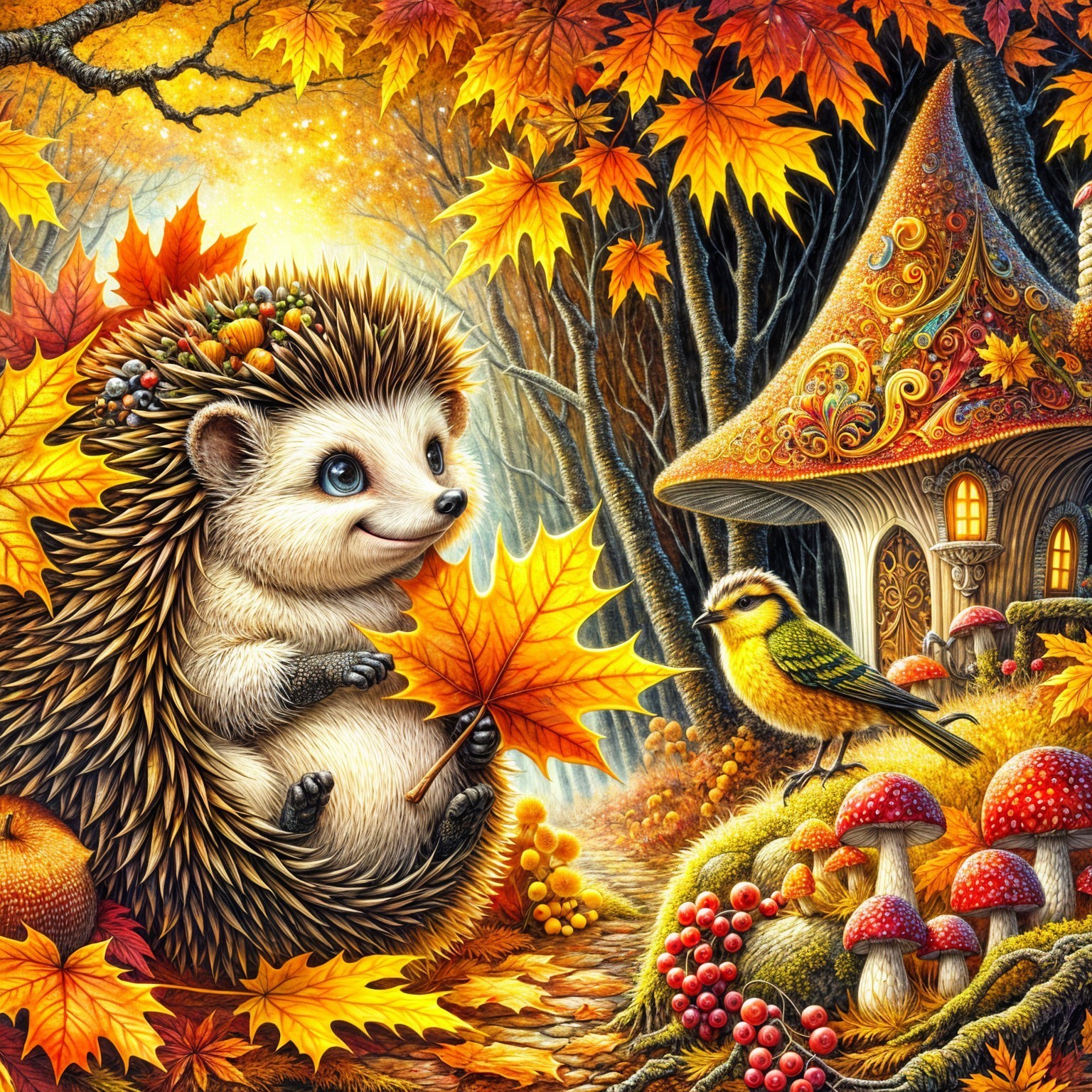 Autumn Forest Scene with Hedgehog and Mushroom House